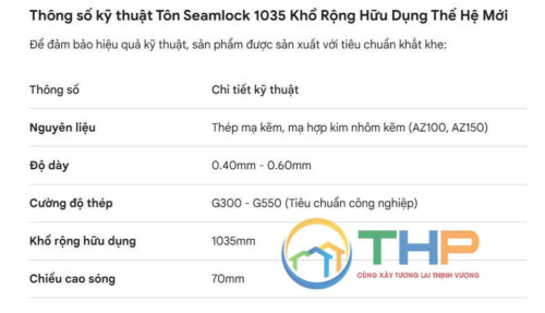 Thông số kỹ thuật tôn seamlock 1035 khổ rộng thế hệ mới