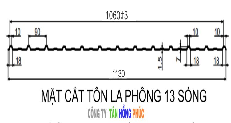 Hình kỹ thuật mặt cắt tôn 13 sóng tôn la phông
